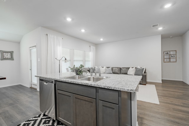 3216 Everly Dr, Fate, TX 75189 - kitchen featuring stainless steel dishwasher, gray cabinets, dark wood-style floors, a center island with sink, and recessed lighting