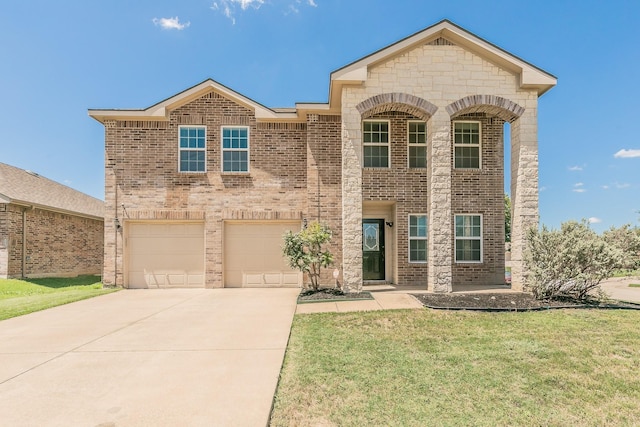 2153 Valley Forge Trl, Fort Worth, TX 76177 - view of front facade featuring concrete driveway, brick siding, a front lawn, an attached garage, and stone siding