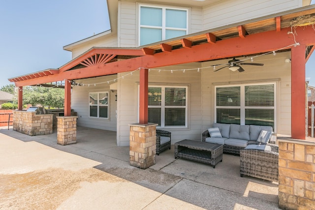 2153 Valley Forge Trl, Fort Worth, TX 76177 - view of patio with an outdoor kitchen, an outdoor hangout area, and a ceiling fan