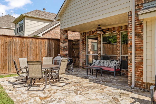 3912 Appleton Ln, Flower Mound, TX 75022 - fenced backyard with a ceiling fan, a patio, outdoor dining space, and an outdoor living space