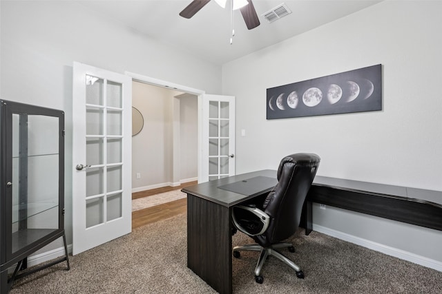 1083 Admiral Dr, Azle, TX 76020 - carpeted home office featuring french doors and a ceiling fan
