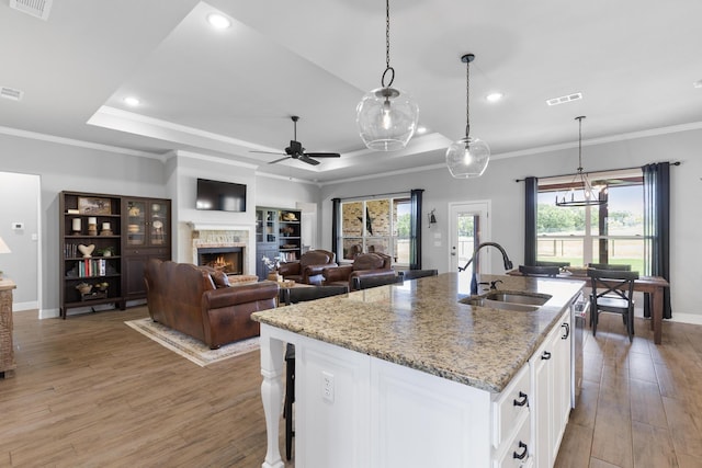 301 Aviara Ct, Poolville, TX 76487 - kitchen featuring a fireplace, light wood finished floors, light stone countertops, ornamental molding, and a ceiling fan