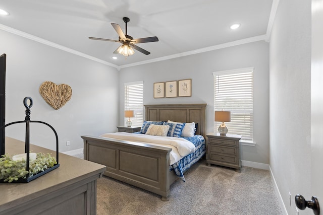 301 Aviara Ct, Poolville, TX 76487 - bedroom with light colored carpet, recessed lighting, ornamental molding, and a ceiling fan