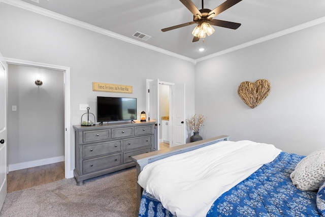 301 Aviara Ct, Poolville, TX 76487 - bedroom featuring crown molding, recessed lighting, carpet flooring, and a ceiling fan