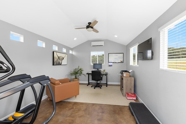 301 Aviara Ct, Poolville, TX 76487 - office area featuring a ceiling fan, carpet flooring, a wall mounted air conditioner, vaulted ceiling, and recessed lighting