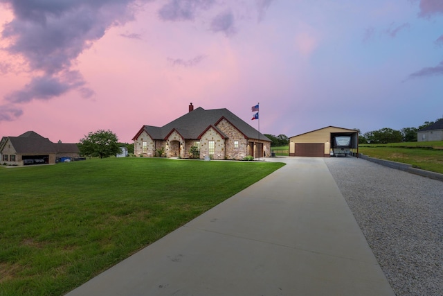 301 Aviara Ct, Poolville, TX 76487 - french provincial home with a detached garage, an outdoor structure, a front lawn, stone siding, and a chimney