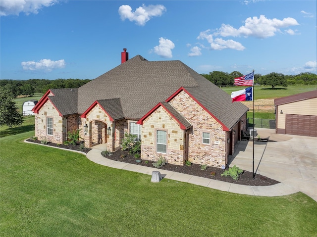 301 Aviara Ct, Poolville, TX 76487 - french country inspired facade featuring a shingled roof, concrete driveway, a front lawn, and brick siding