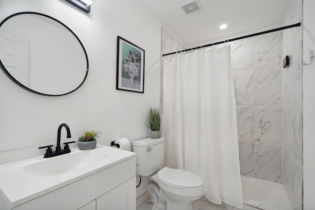 3005 Pate Dr, Fort Worth, TX 76105 - bathroom with marble look tiles, vanity, tiled shower, and recessed lighting