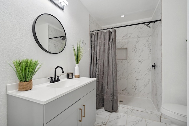 3005 Pate Dr, Fort Worth, TX 76105 - bathroom featuring marble finish flooring, vanity, and curtained shower