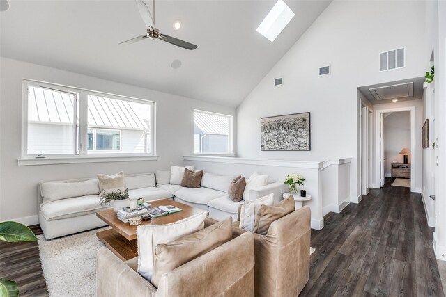 1022 Barsotti Ct, Dallas, TX 75212 - living area featuring attic access, high vaulted ceiling, a ceiling fan, and dark wood-style floors