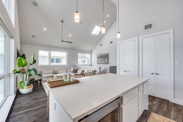 1022 Barsotti Ct, Dallas, TX 75212 - kitchen featuring high vaulted ceiling, dark wood-type flooring, white cabinetry, ceiling fan, and a center island