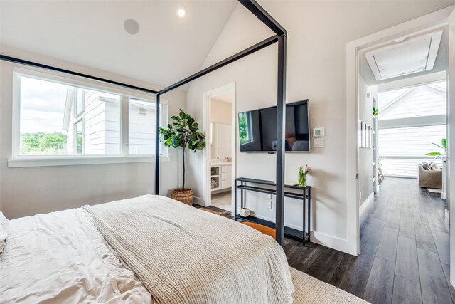 1022 Barsotti Ct, Dallas, TX 75212 - bedroom with attic access, vaulted ceiling, dark wood-style floors, and ensuite bath
