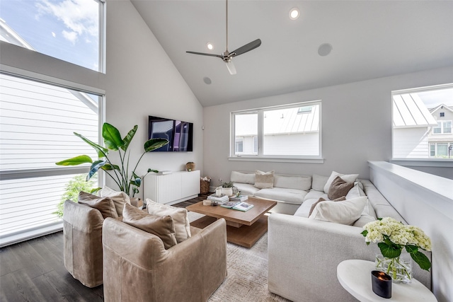 1022 Barsotti Ct, Dallas, TX 75212 - living area featuring radiator, high vaulted ceiling, wood finished floors, a ceiling fan, and recessed lighting