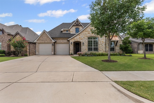 301 Prairie Oak Ct, Burleson, TX 76028 - french country inspired facade featuring a garage, a front yard, concrete driveway, stone siding, and brick siding