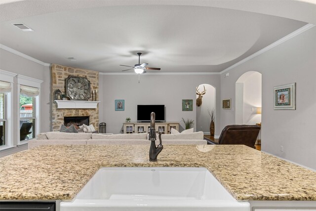 301 Prairie Oak Ct, Burleson, TX 76028 - kitchen featuring open floor plan, crown molding, light stone countertops, and a ceiling fan