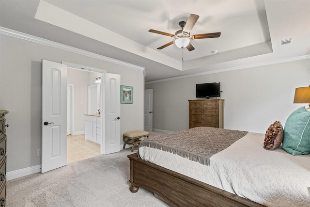 301 Prairie Oak Ct, Burleson, TX 76028 - bedroom with a tray ceiling, light carpet, ornamental molding, and a ceiling fan