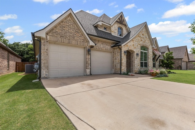 301 Prairie Oak Ct, Burleson, TX 76028 - french country home featuring stone siding, driveway, an attached garage, a shingled roof, and brick siding