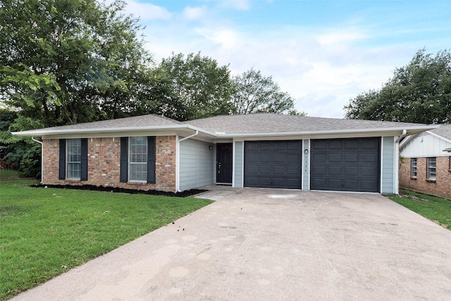 5504 Whitman Ave, Fort Worth, TX 76133 - ranch-style house with concrete driveway, a garage, a front lawn, roof with shingles, and brick siding