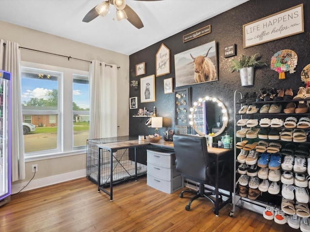 309 E 3rd St, Maypearl, TX 76064 - home office with a ceiling fan, wood finished floors, and an accent wall