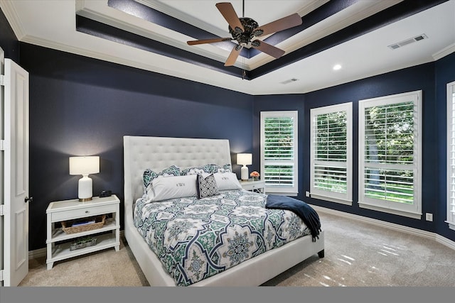 6617 Whittier Ln, Colleyville, TX 76034 - carpeted bedroom with ornamental molding, a tray ceiling, recessed lighting, and ceiling fan