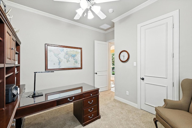 6617 Whittier Ln, Colleyville, TX 76034 - office with a ceiling fan, crown molding, and light carpet