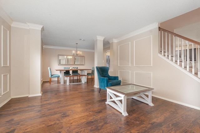 2120 Valley Falls Ave, Mesquite, TX 75181 - living area with a chandelier, wood finished floors, crown molding, and stairs