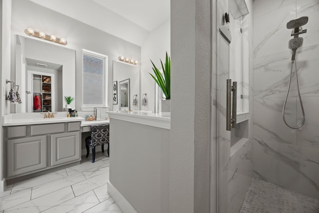 9424 Excursion Dr, Oak Point, TX 75068 - bathroom with marble finish flooring, a marble finish shower, and vanity