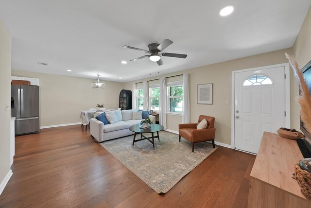 3767 Matson St, North Richland Hills, TX 76117 - living area with dark wood-style floors, a ceiling fan, and recessed lighting