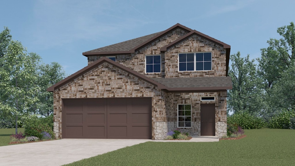 4295 Pope Br, Crandall, TX 75114 - view of front facade featuring a front yard, concrete driveway, roof with shingles, a garage, and stone siding