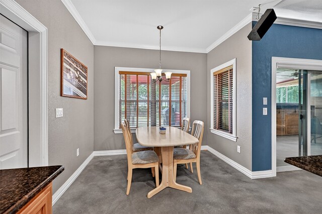 187 Brandon Way, Pottsboro, TX 75076 - dining space with dark carpet, ornamental molding, and a chandelier