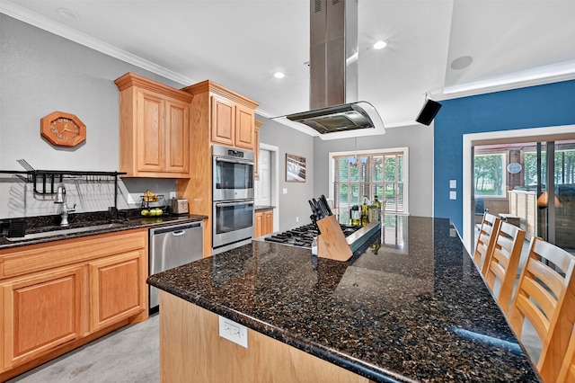 187 Brandon Way, Pottsboro, TX 75076 - kitchen with island range hood, stainless steel appliances, ornamental molding, dark stone countertops, and recessed lighting