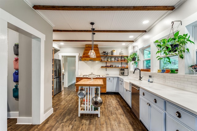 2324 Lynnhaven Rd, Fort Worth, TX 76103 - kitchen featuring custom exhaust hood, black refrigerator with ice dispenser, dishwasher, open shelves, and decorative backsplash