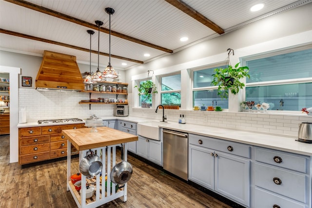 2324 Lynnhaven Rd, Fort Worth, TX 76103 - kitchen featuring gray cabinetry, stainless steel appliances, custom exhaust hood, backsplash, and beam ceiling