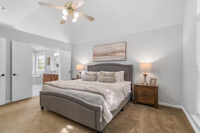 1092 Rosewood Dr, Grapevine, TX 76051 - carpeted bedroom featuring lofted ceiling, connected bathroom, and a ceiling fan