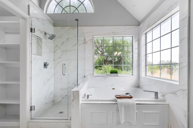 1092 Rosewood Dr, Grapevine, TX 76051 - full bath featuring a garden tub, plenty of natural light, marble finish floors, a marble finish shower, and vaulted ceiling