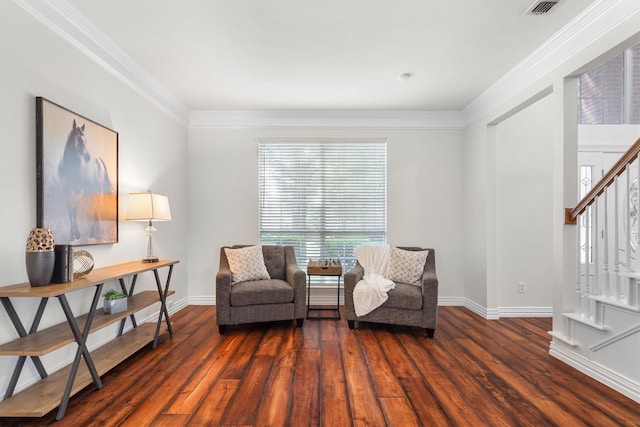 1092 Rosewood Dr, Grapevine, TX 76051 - living area with stairway, dark wood finished floors, and crown molding
