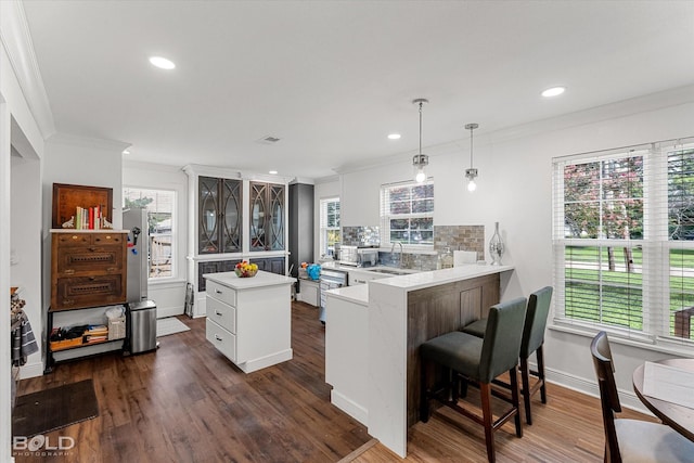 107 Preston Ave, Shreveport, LA 71105 - kitchen featuring crown molding, light countertops, dark wood-style floors, a center island, and tasteful backsplash