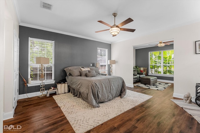 107 Preston Ave, Shreveport, LA 71105 - bedroom with crown molding, multiple windows, dark wood finished floors, and a ceiling fan