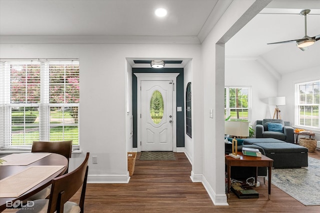 107 Preston Ave, Shreveport, LA 71105 - foyer entrance featuring dark wood finished floors, a ceiling fan, vaulted ceiling, and crown molding