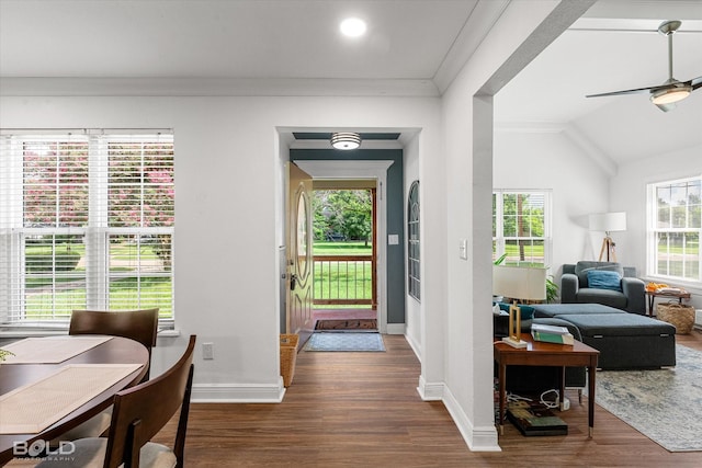 107 Preston Ave, Shreveport, LA 71105 - entrance foyer featuring dark wood finished floors, a ceiling fan, vaulted ceiling, and ornamental molding