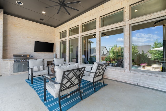 403 Trigger Trl, Argyle, TX 76226 - view of patio with an outdoor kitchen, a ceiling fan, and an outdoor hangout area