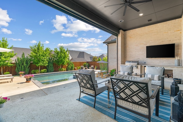 403 Trigger Trl, Argyle, TX 76226 - fenced backyard with exterior kitchen, outdoor lounge area, a patio area, and ceiling fan
