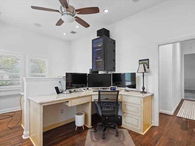186 Deer Creek Dr, Aledo, TX 76008 - office space with dark wood-type flooring, a ceiling fan, and recessed lighting