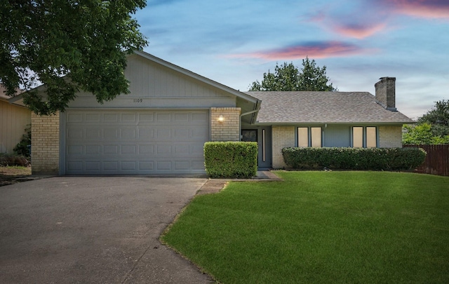 1109 Paluxy Ct, Flower Mound, TX 75028 - ranch-style house featuring brick siding, driveway, a chimney, a garage, and a shingled roof