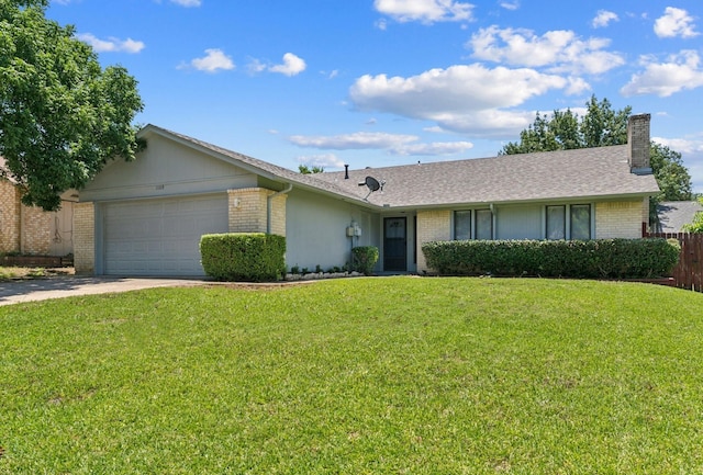1109 Paluxy Ct, Flower Mound, TX 75028 - ranch-style house with brick siding, a chimney, an attached garage, driveway, and roof with shingles