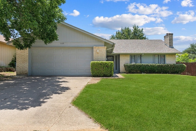 1109 Paluxy Ct, Flower Mound, TX 75028 - ranch-style home with brick siding, concrete driveway, an attached garage, and a chimney