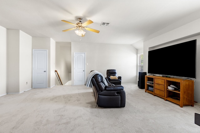 584 Indian Hill Dr, Oak Point, TX 75068 - living room featuring carpet floors, a ceiling fan, and vaulted ceiling
