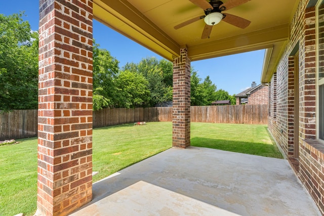 584 Indian Hill Dr, Oak Point, TX 75068 - fenced backyard featuring a ceiling fan and a patio area