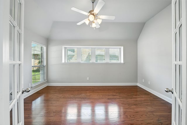 8120 Tyler Dr, Lantana, TX 76226 - spare room featuring vaulted ceiling, wood finished floors, french doors, and a ceiling fan