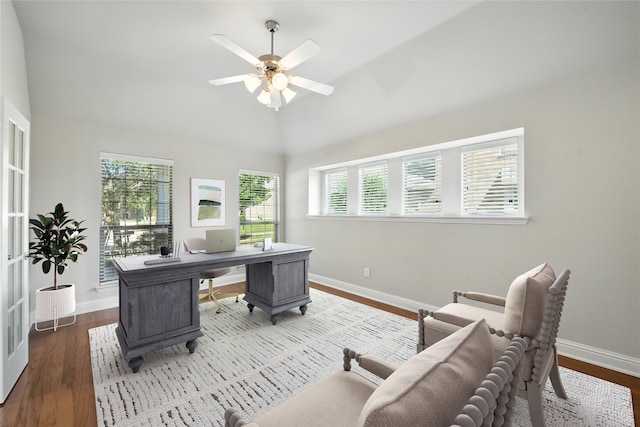 8120 Tyler Dr, Lantana, TX 76226 - home office with healthy amount of natural light, wood finished floors, a ceiling fan, and vaulted ceiling